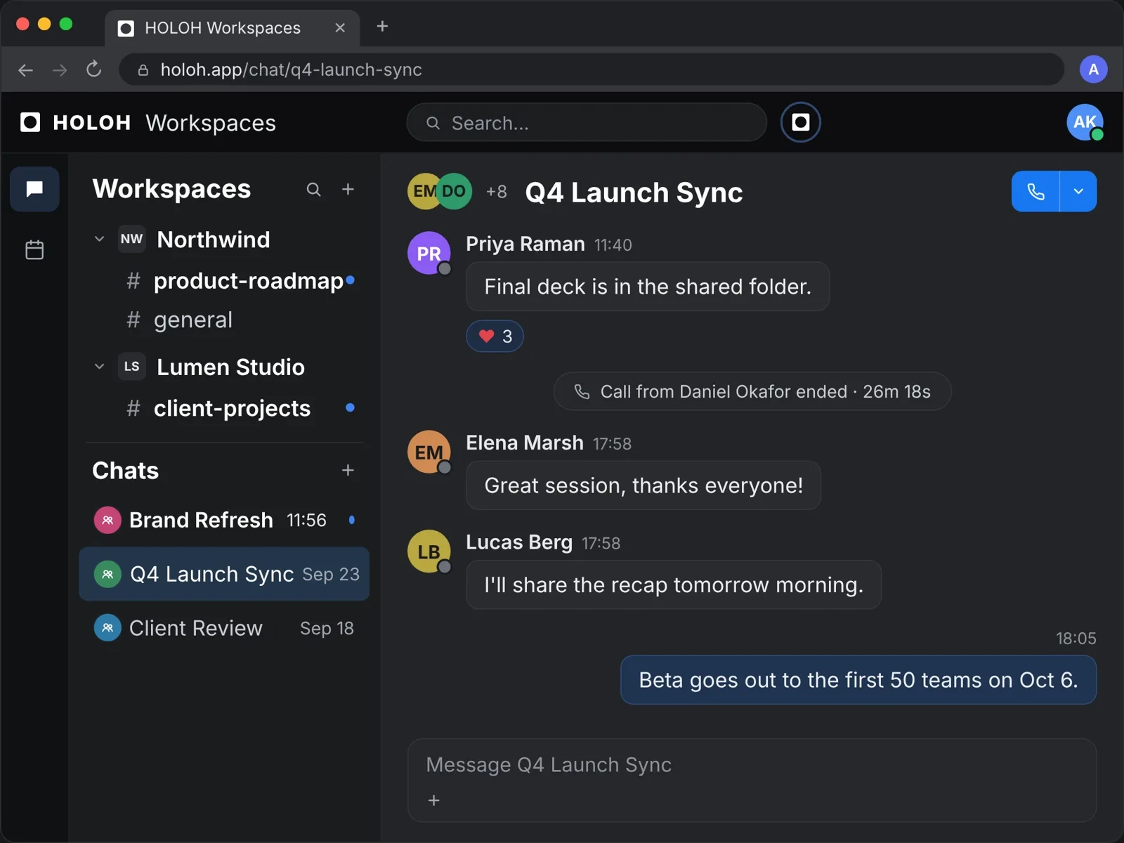 A HOLOH channel with messages and a list of workspaces